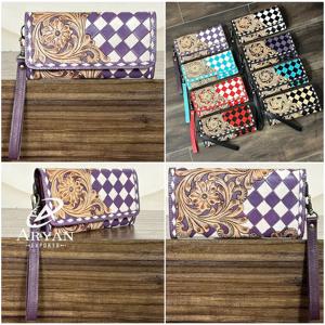 Nuevo Bolso de Mano de Cuero Vacuno Hecho a Mano para Mujer con Correa de Muñeca, Diseño Floral Tallado, Estilo Occidental, Patrón a Cuadros para Damas - Product Image 1