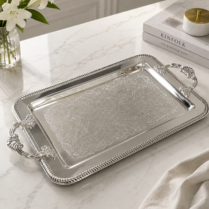 Elegante Bandeja de Servicio Plateada con Asas, Plato Decorativo para Buffet, Bandeja de Exhibición de Lujo para Mesa de Boda, Bandeja Antigua de Acero Inoxidable - Product Image 1