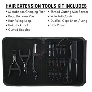 Hair Extension Stylist <b>Tools</b> Kit Hair Razor Sewing Needles <b>Hook</b> <b>Tool</b> Pulling Loop Microbeads Crimping Plier Tail Comb Clips - Product Image 2