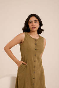 Vestido de mezclilla de algodón color oliva para mujer, sin mangas, con cuello redondo y botones, vestidos casuales para mujer con tela ligera y a la moda. - Product Image 4
