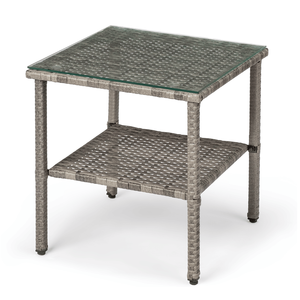Tavolino da Esterno Quadrato a Doppio Strato in Rattan Grigio Sfumato con Piano in Vetro - Product Image 1