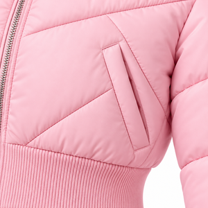 Chaqueta acolchada rosa personalizada para hombre con capucha, ribete de piel, cremallera, corte corto, acolchado grueso, transpirable, para invierno, con logo frontal - Product Image 5