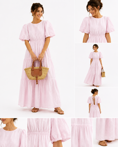 Robe longue rose évasée à manches bouffantes, taille haute, coupe trapèze, en Spandex/Polyester, infroissable, pour soirée décontractée, à ourlet superposé uni, style simple - Product Image 5
