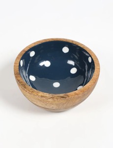 Tazón de madera hecho a mano con interior de lunares azules para servir fruta, estilo nórdico, apto para lavavajillas, para uso en la cocina. - Product Image 2