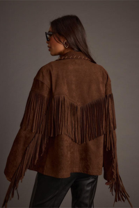 Chaqueta de cuero genuino marrón para mujer, con flecos, corte holgado, hombros caídos, manga larga, estilo otoñal, color sólido, moda occidental - Product Image 4