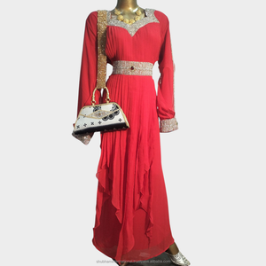 Red Luxury Embroidered Kaftan <b>Dress</b> with Crystal Belt and V Neck Design <b>Long</b> Sleeve Evening Party Wear - Product Image 1