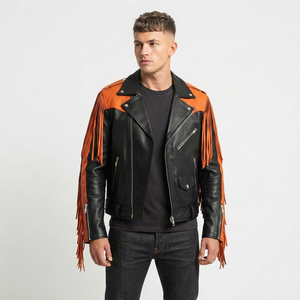 Men Leather Fringe <b>Jacket</b> With Zipper Men's <b>Fringed</b> Fashion Leather Biker <b>Jacket</b> Mens Multi Zipper Pockets Leather <b>Jacket</b> - Product Image 6