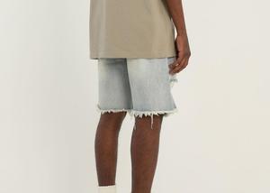 Men's Ripped Denim Bermuda Shorts Mid Waist <b>Button</b> <b>Fly</b> Casual Solid Color Cotton Woven Fabric - Product Image 4