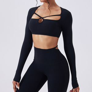 Nouveau design, haut de yoga sexy à manches longues, respirant, séchage rapide, avec logo frontal, pour la course, le sport, la gym, le fitness, col carré, pour femmes - Product Image 5