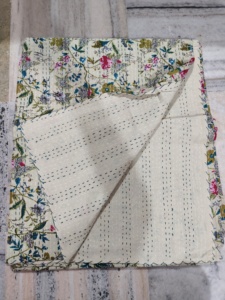 Handmade Kantha Quilt Reversible Cotton Blanket Floral Pattern Cream Multi Color <b>Bedspread</b> Home Decor Gift - Product Image 3