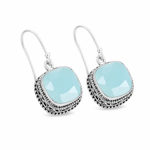 Pendientes Colgantes de Plata de Ley 925 con Calcedonia Aqua, Hechos a Mano, Estilo Vintage, con Gancho, Piedras Preciosas Naturales - Product Image 1