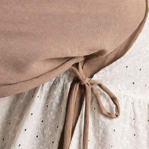 Junior Girls Brown Maxi Dress Cey Fabric <b>Layered</b> <b>Long</b> Dress with White Hakoba Eyelet Shrug Light Mocha Junior Gown - Product Image 3