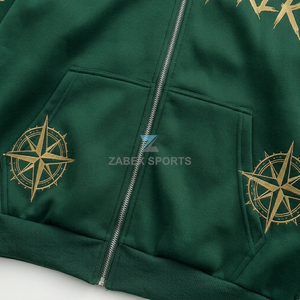 Sweat-shirt à capuche zippé vert pour homme, coupe classique, imprimé avec motif boussole et logo frontal motif épines - Product Image 6