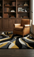 Tapis rectangulaire tufté à la main en laine et viscose à poils longs, couleur unie abstraite, élégance moderne, résistant aux taches, antidérapant et rembourré