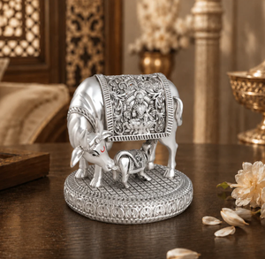 Handmade 24K Gold Plated Kamdhenu Cow Calf Idol Engraved Religious <b>Figure</b> Tabletop Decor for Home Office Diwali Wedding Living - Product Image 6