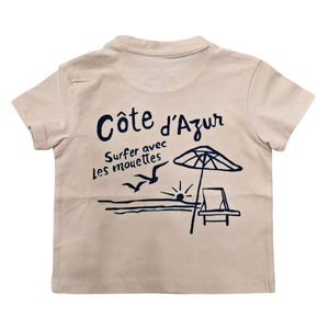 T-shirt à manches courtes pour homme beige, col rond, jersey de coton, décontracté, avec imprimé palmier et vague, logo sur le devant, écologique - Product Image 4