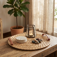 Plateau de service et de présentation AG Elements en rotin naturel tressé, style bohème, avec poignées en cuir PU, 12 pouces, pour ottoman décoratif