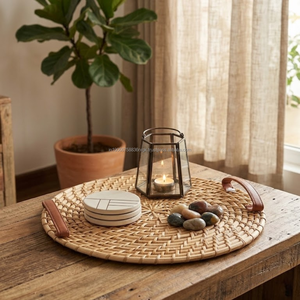 Bandeja de Servir Bohemia de Ratán Natural Tejida a Mano AG Elements con Asas de Cuero PU de 12 Pulgadas, Bandeja Decorativa para Otomana o Bodas - Product Image 5