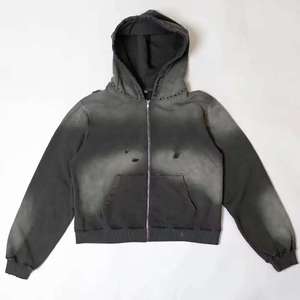 Conjunto Deportivo para Hombre con Capucha y Efecto Desgastado, Sudadera con Cremallera Completa y Pantalones, Corte Regular, Color Sólido, Casual, Transpirable, Ligero, para Invierno - Product Image 2