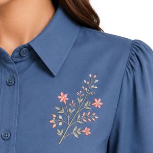 Ensemble chemisier et jupe longue brodés pour femme, bleu acier et pêche, manches longues, boutonnage, taille haute, tenue modeste deux pièces OEM - Product Image 5
