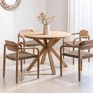 Ensemble de salle à manger d'extérieur au design moderne, style industriel, chaises de jardin en teck et rotin avec corde pour terrasse - Naele - Product Image 1
