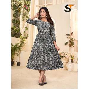 ATRACTIVE POLIETERSULFONA ACETATO ESTAMPADO TRABAJO UNA PIEZA NEGRO Mujer Adulto En stock Kurta / Kurti - Product Image 1