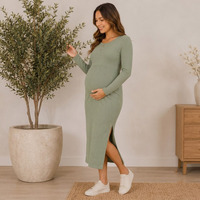 Gaun Tidur Ibu Hamil Rajut Bergaris Viscose/Poliester/Spandex Lengan Panjang Detail Kancing Belahan Samping Panjang Setengah Betis Model Sheath Wanita