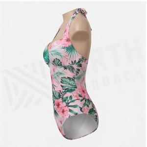 Maillot de bain une pièce rose à fleurs tropicales pour femme avec soutien-gorge push-up et tissu extensible - Product Image 3