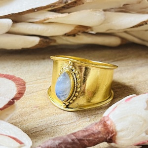 Fashionable Boho Bohemian Wedding <b>Statement</b> <b>Rings</b> Tribal Brass Jewelry Women 18k Gold Plated Wide Moonstone Band Wholesale OEM - Product Image 1