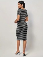 Robe moulante en tricot rayé, col rond, manches courtes, longueur genou, ajustée, décontractée, pour tous les jours, mélange de spandex et de polyester