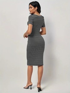 Striped Knitted Bodycon <b>Dress</b> O-Neck Short Sleeve Knee-Length Fitted Casual Daily Wear Spandex Polyester Mix - Product Image 2
