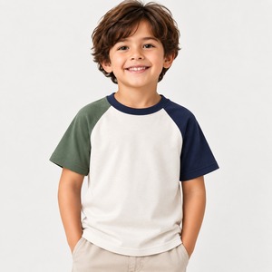 Camiseta de Manga Corta para Niños, Cuello Redondo, Estilo Raglán, Bloques de Color, Jersey Sólido Informal, 100% Algodón, Blanca, Naranja, Azul - Product Image 6
