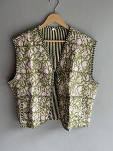 Floral <b>Quilted</b> Cotton Vest Women's V-Neck Sleeveless <b>Jacket</b> Spring Reversible Open Stitch <b>Patterned</b> Outerwear GIFT FOR HER - Product Image 1