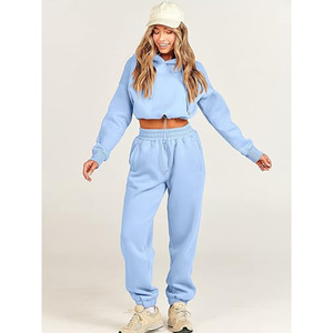 Conjunto de Sudadera Corta con Capucha y Pantalones Deportivos para Mujer, Color Azul Claro, Tejido Casual de Algodón/Fibra de Bambú, Color Sólido, Mangas Largas - Product Image 6