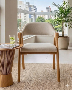 Fauteuil en bois à dossier incurvé de style nordique avec assise rembourrée en tissu taupe et accoudoirs en corde tressée - Product Image 5