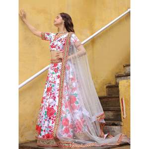 Séduisant blanc cassé imprimé floral Art soie Sangeet Wear Lehenga Choli pour femmes pour les événements traditionnels - Product Image 5