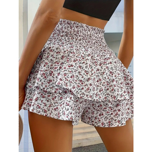 Falda con Volantes y Estampado Floral de Cintura Alta para Mujer, Pantalones Cortos Casuales de Gasa con Cordón, Ajuste Holgado y Transpirable, Estilo Veraniego - Product Image 5
