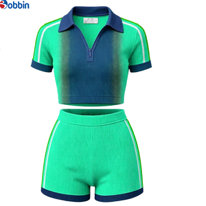 <b>Top</b> Trending Hot Selling Hip Hop Women's Sporty 2 Pcs Set Gradient Color Rib Knit Crop <b>Top</b> With Shorts Short Sleeve Summer Wear - Product Image 1