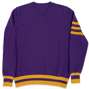 Pull en tricot pour homme à col en V violet avec rayures jaunes, taille personnalisée, logo, manches longues, couleur unie, vêtement d'automne - Product Image 1