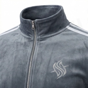 <b>Men's</b> Dark Gray <b>Velour</b> <b>Tracksuit</b> Full Zip Stand Collar Solid Color Casual Sportswear With Side Pockets Autumn Wear - Product Image 4