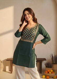 Women's Modern Embroidery Straight Cotton Blend All Seasons <b>Kurti</b> Casual Short Wear Quick Dry - Product Image 4