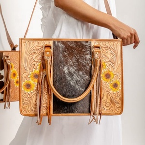 Hand Tool Leather Tote Bag Stylish Genuine Leather <b>Purse</b> Women Multi Use Fashionable Embossed Floral Bohemian Customizable Size - Product Image 2
