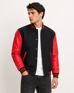 <b>Men's</b> Black Red Eco-Friendly Canvas Varsity <b>Jacket</b> Sleeve Casual Zipper Front Turn-down Collar Winter Wear - Product Image 5
