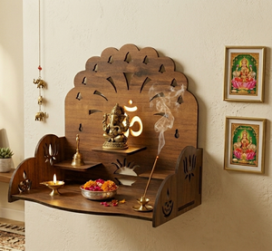 Handcrafted Wooden Pooja <b>Mandir</b> with OM Symbol & Kalash Cutwork Design – Scalloped Crown Temple Shelf | 28x20x29cm - Product Image 1