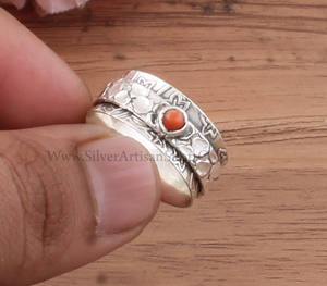 Anillo Giratorio de Plata de Ley 925 con Coral Rojo Natural para la Ansiedad, Anillo Boho Fidget para Mujer, Joyería Étnica de Meditación - Product Image 5