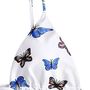 Women's White Butterfly Print <b>Bikini</b> <b>Set</b> With Tie Side And Adjustable Straps Regular Fit Spandex Polyester - Product Image 5