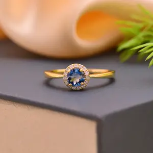 도매 14k 골드 다이아몬드 블루 토파즈 라운드 링 | 약혼 반지 골드 독특한 클러스터 Moissanite 반지 여성용