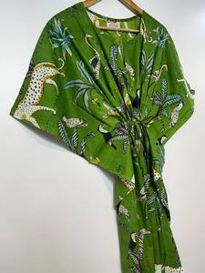 Nuevo Kaftán con Estampado Animal, Cuello en V, Cordón Ajustable, Estilo Flare, de Algodón Suave Indio, con Encaje, Largo, para Playa o Dama de Honor - Product Image 5