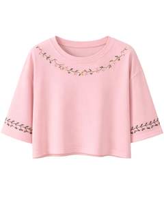 เสื้อยืดครอปผู้หญิงสีชมพูอ่อน ปักลายดอกไม้ แขนสั้น สไตล์ลำลอง แฟชั่น ผ้าคอตตอนผสม เนื้อนุ่ม เสื้อผู้หญิงสำหรับฤดูร้อน ขายส่ง - Product Image 2