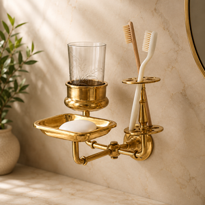 Ensemble d'organisateurs de salle de bain en laiton Heritage avec porte-gobelet mural, porte-savon et porte-brosse à dents, finition laiton antique - Product Image 1